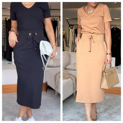 Conjunto Dos Piezas Mujer: Blusa Cuello en V + Falda (2 Piezas)